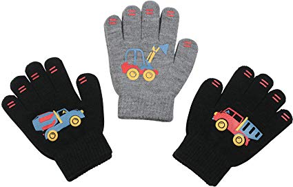 3 Pack - Magic Stretch Winter Kids Gloves for Boys, Kid & Children, Toddler - Dino, Camo, Trucks