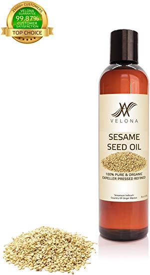 100% Organic Sesame Oil | for Skin, Body & Hair Care and Cooking | Sizes: 8 oz | Expeller Pressed, Refined | by VELONA