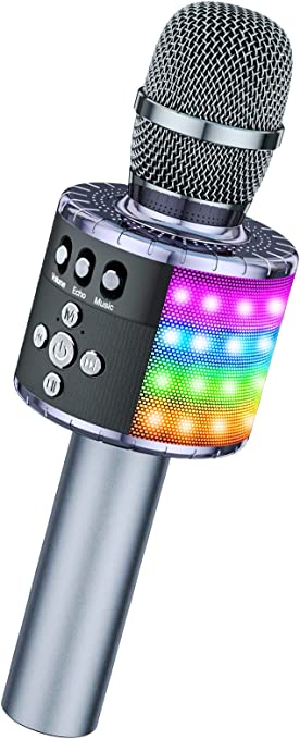 BONAOK Bluetooth Karaoke Wireless Microphone with Controllable LED Lights, Portable Karaoke Machine Speaker Birthday Gift Party Travel Toy for Android, for iPhone, for iPad, for PC (Space Grey)