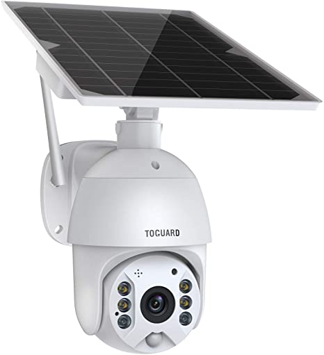 TOGUARD Wireless Security Camera Outdoor Solar Battery Powered PTZ Surveillance Camera 1080P Waterproof IP Dome Cam with 2-Way Audio PIR Motion Sensor Radar IP65 Full-Color Night Vision