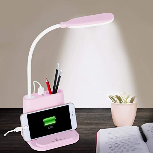 LED Desk Lamp, NovoLido Rechargeable Desk Lamp with USB Charging Port & Pen Holder, 2 Color Modes & Stepless Dimming, 360° Flexible Metal Hose, Mini Cute Lamp for College Dorm Bedroom Reading (Pink 1)