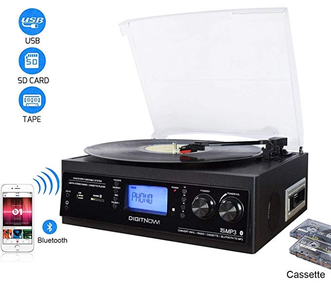 DIGITNOW! Record Player Built-in Stereo Speaker, Bluetooth Vinyl Turntable with Cassette / Radio / Aux in / USB and SD Encoding / Remote Control