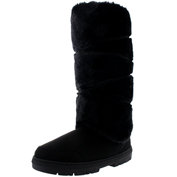 Womens Tall Knee High Fixed Lace Wrap Fur Lined Winter Snow Rain Boots