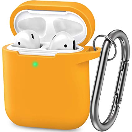 AirPods Case, Silicone Cover with U Shape Carabiner,360°Protective,Dust-Proof,Super Skin Silicone Compatible with Apple AirPods 1st/2nd (Orange)