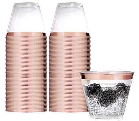 Elegant Rose Gold Rimmed 9 Oz Clear Plastic Fancy Disposable Cups 100 Pack - Stock Your Home