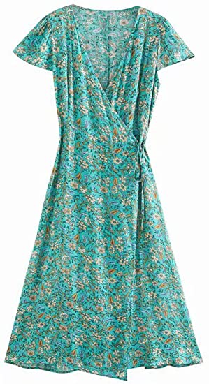 R.Vivimos Women's Summer Short Sleeve Floral Print V Neck Wrap Midi Dress with Slit