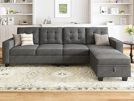 HONBAY Convertible Sectional Sofa L Shaped Couch with Storage Ottoman 4 Seat Sectional Sofa with Reversible Chaise, Dark Grey