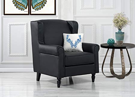 Divano Roma Furniture Classic Scroll Arm Faux Leather Accent Chair, Living Room Armchair (Black)