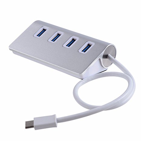 AKORD USB C Type Premium 4 Port Aluminium USB Hub with 30 cm USB 3.0 Cable for iMac/MacBook Air/MacBook Pro/MacBook/Mac Mini/PCs/Laptop - Silver