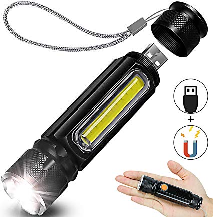 LED Tactical Flashlight, Handheld Flashlight High Lumens with COB Work Light, Strong Magnetic, 4 Modes, IP65 Water Resistant, Portable USB Rechargeable Flashlight for Camping and Hiking (1pack)