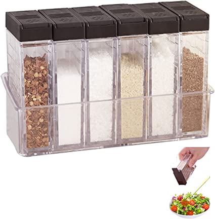 Fivebop Salt Spice Shakers Jars Transparent Pepper Seasoning Condiment Container Box with 6pcs Compartments & Slide Lid & Tray for Outdoor Hiking (Brown)
