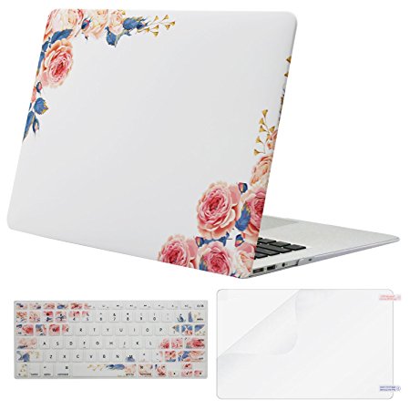 Mosiso Plastic Pattern Hard Case with Keyboard Cover with Screen Protector for MacBook Air 13 Inch (Model: A1369 and A1466), Pink Peony on White Base