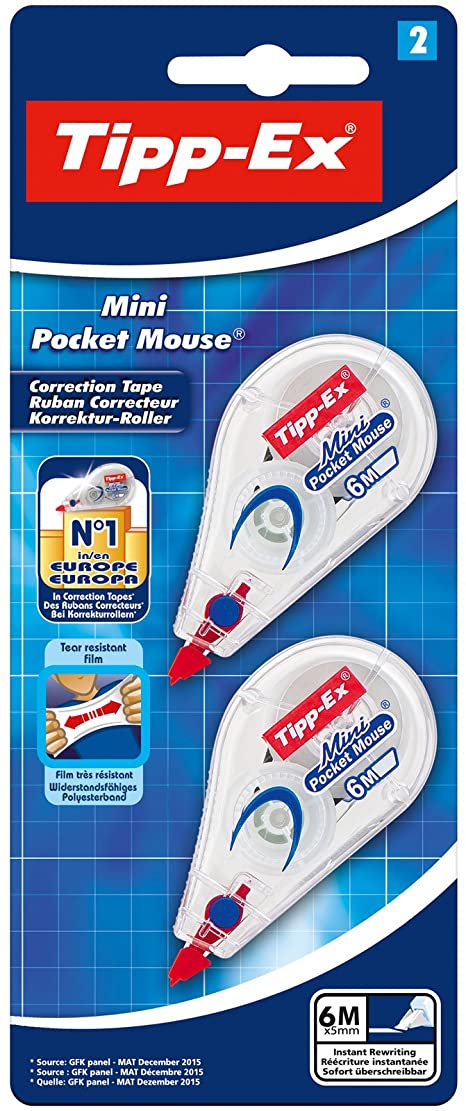 Bic Tipp-Ex Pocket Mini Pocket-Mouse Correction Tapes, Pack of 2 - with 6M-Long of Extra Tear-Resistant Plastic Tape