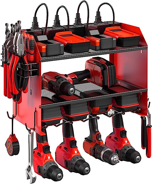 CCCEI Modular Power Tool Organizer Wall Mount Charging Station, Red 4 Drills Holder with 8 Plug Power Strip, Garage Drill Battery Heavy Duty Metal Shelf, Utility Rack with Hooks, Side Storage.