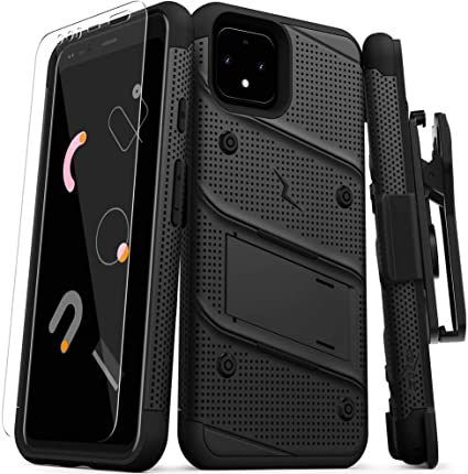 ZIZO Bolt Series Google Pixel 4 XL Case | Heavy-Duty Military-Grade Drop Protection w/Kickstand Included Belt Clip Holster Tempered Glass Lanyard (Black/Black)