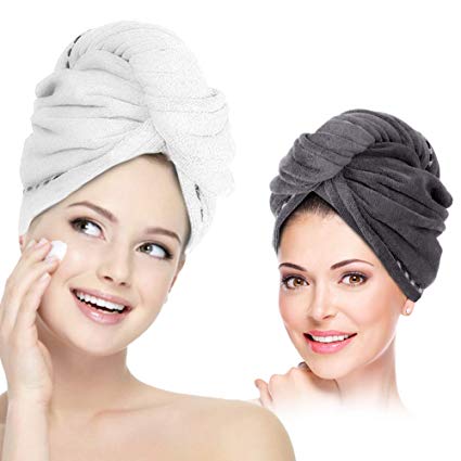 Hair Towel Wrap Turban Microfiber Hair Drying Towels, 2 Pack Twist Head Towel with Button, Quick Dry Super Absorbent Anti-Frizz for Women Girls Long & Curly Hair by AMoko