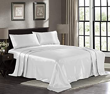 Satin Sheets Queen [4-Piece, White] Hotel Luxury Silky Bed Sheets - Extra Soft 1800 Microfiber Sheet Set, Wrinkle, Fade, Stain Resistant - Deep Pocket Fitted Sheet, Flat Sheet, Pillow Cases