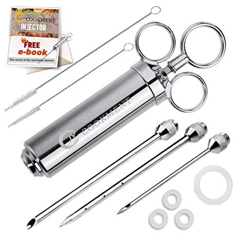 JY COOKMENT Meat Injector Syringe 2-oz Marinade Flavor Barrel 304 Stainless Steel with 3 Professional Needles 2 Cleaning Brushes and 4 Silicone O-Rings (Renewed)