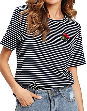 Romwe Women's Summer Short Sleeve Striped Tee Cotton T-Shirt