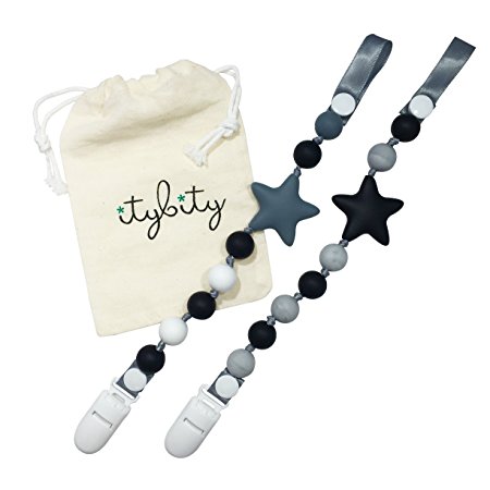 Pacifier Clip Boy and BPA Free Silicone Baby Teether, 2 Pack (black/white/gray marble)