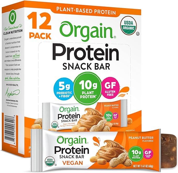 Orgain Organic Protein Bar, Peanut Butter, 12 Count, Green