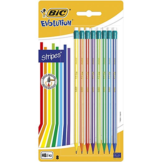 BIC Evolution Stripes HB Graphite Pencils with Eraser 8 Pack