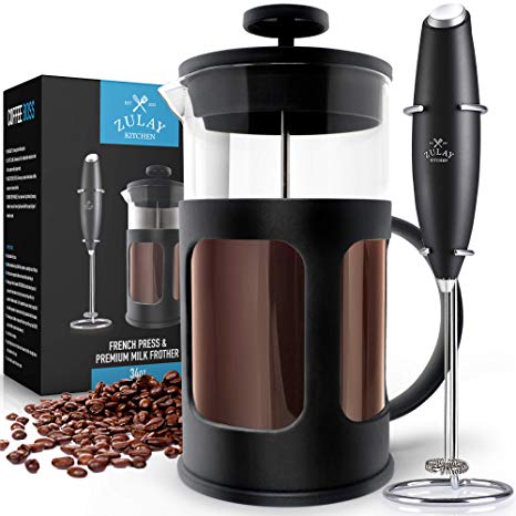 Zulay Premium French Press Coffee Pot and Milk Frother Set - (8 Cups, 34 oz) Coffee Press Glass Carafe with Powerful Double-Mesh Stainless Steel Filter System for Filtering Out Fine Coffee Grounds