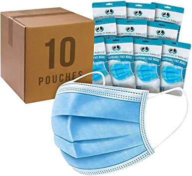 Salon World Safety Masks - Bulk 10 Pouches (100 Masks) in Sealed Packages of 10-3 Layer Disposable Protective Face Masks with Adjustable Nose Clip and Ear Loops - Sanitary 3-Ply Non-Woven Fabric
