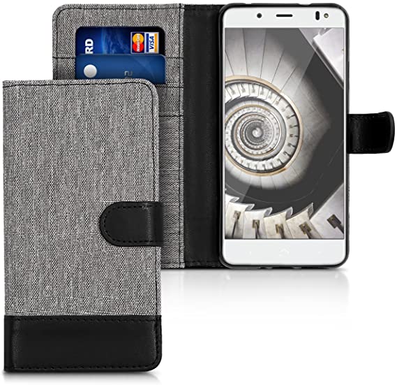 kwmobile Funda Compatible con bq Aquaris V - Carcasa de Tela y Cuero sintético Tarjetero Gris/Negro