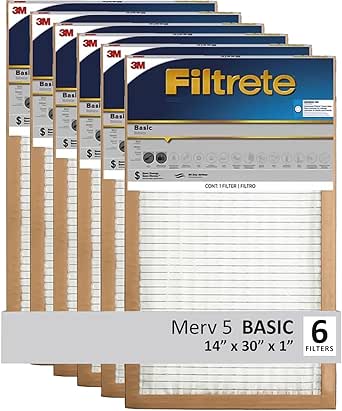 Filtrete 14x30x1 Air Filter, 3M MERV 5 HVAC AC Furnace Filter Replacement, 6-Pack (Actual Size 13.81x29.81x0.88 in)