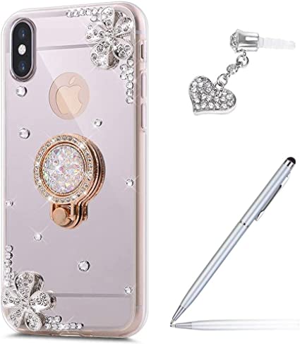 ikasus Case for iPhone XR Diamond Case,Crystal Inlaid diamond Flowers Rhinestone Diamond Glitter Bling Mirror Back TPU Case & Ring Stand Holder   Touch Pen Dust Plug for iPhone XR Mirror Case,Silver