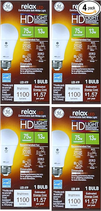 GE (case of 4) Relax LED A19, 75 watt Equivalent uses only 13 watts, 1100 lumens, High Definition Light, Comfortable Soft White Light, Medium Base, Dimmable LED Light bub