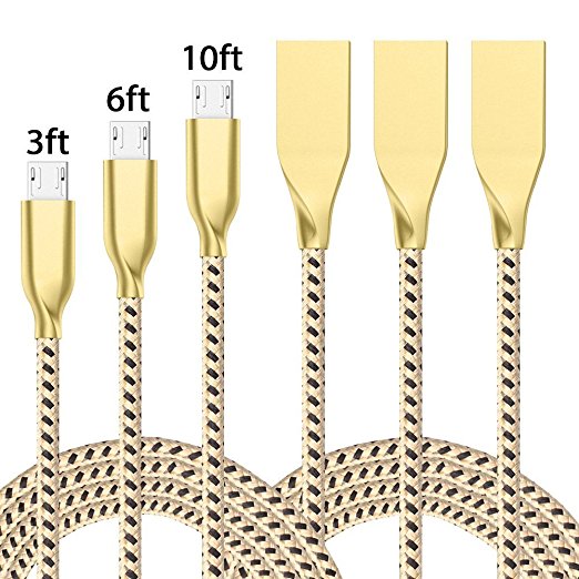 ONSON Micro USB Cable,3Pack 3FT 6FT 10FT Long Premium Nylon Braided High Speed USB to Micro USB Fast Charging Cord Android Charger for Samsung Galaxy S7/S6/S5/Edge,Note 5,HTC,LG(Black Gold)