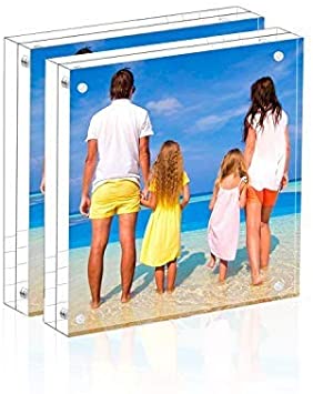 Meetu Acrylic 4x4 Picture Frame Clear Two Sided Desk Photo Frame Magnetic Frame Inner Size 3x3 with Gift Pack for Display Family Pictures Baby Photos Friends Pictures or Pet Dog Picture（2 Pack）