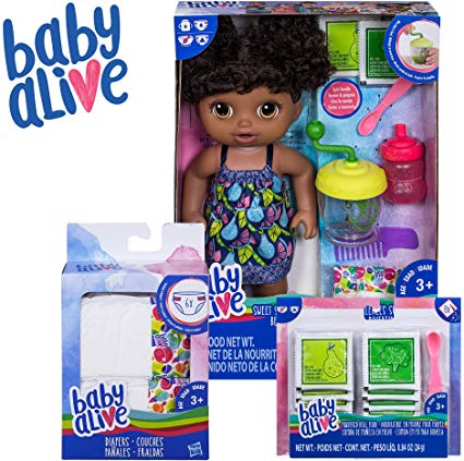 Baby Alive Sweet Spoonfuls Baby Black Curly Hair Doll, Bundle Exclusive, Doll Food and Diaper Refill, Toy for Kids 3 Years Old and Up