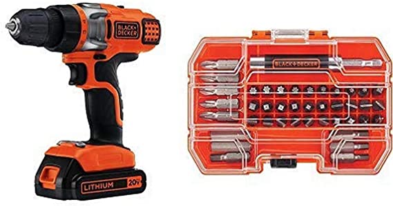 BLACK DECKER LDX220C 20V MAX 2-Speed Cordless Drill Driver (Includes Battery and Charger) with BLACK DECKER BDA42SD 42-Piece Standard Screwdriver Bit Set