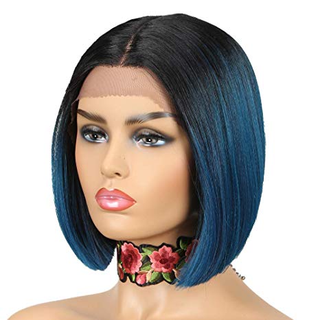 NOBLE Short BOB Lace Front Wig for Women |10 inches Middle Part Blunt Cut Bob Wig |Synthetic Colorful Ombre Blue Wig