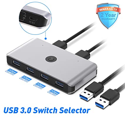 USB 3.0 Switch Selector, Aluminum KVM Switcher 4 Port 2 Computers Peripheral Switcher Adapter Hub for PC, Printer, Scanner, Mouse, Keyboard with One Button Swapping and 2 Pack USB 3.0 Male Cable