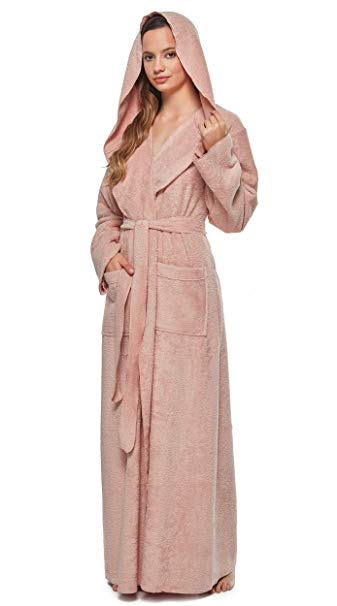 Arus Womens Princess Robe Ankle Long Hooded Silky Light Turkish Cotton Bathrobe