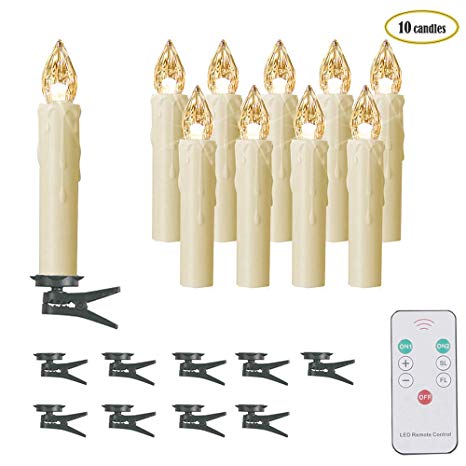 Flameless Warm White Electric LED Taper Candles,Set of 10,Ivory Mini Simulated Wax,Dipped Dimmable Flickering Window Lights,Remote Control,Battery powered,Clip for Chandelier Christmas Tree Decoration
