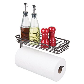 mDesign Paper Towel Holder with Shelf for Kitchen, Laundry, Garage - Wall Mount, Bronze