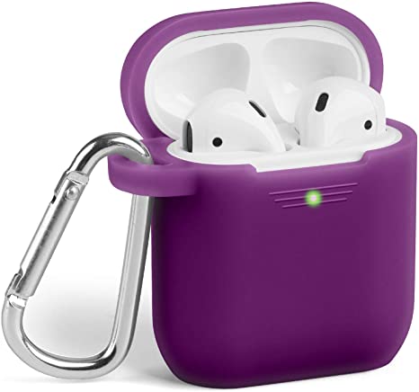 AirPods Case, GMYLE Silicone Protective Shockproof Case Cover Skins with Keychain Compatible with Apple AirPod 2 and 1 Charging Case, Deep Purple [Front LED Visible]