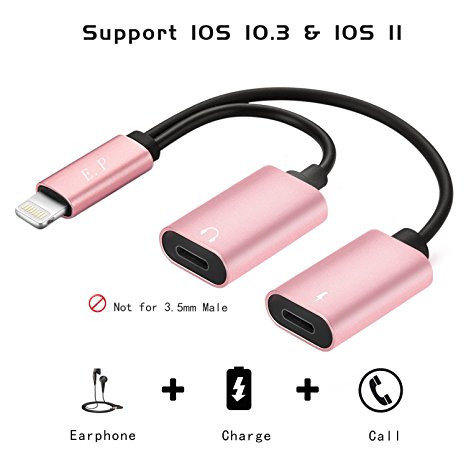 2 in 1 Lightning Adapter for iPhone 7, Dual Lightning Headphone Audio & Charge Adapter for iPhone 7 / 7 Plus (Support iOS 10.3 & 11) (rose gold)