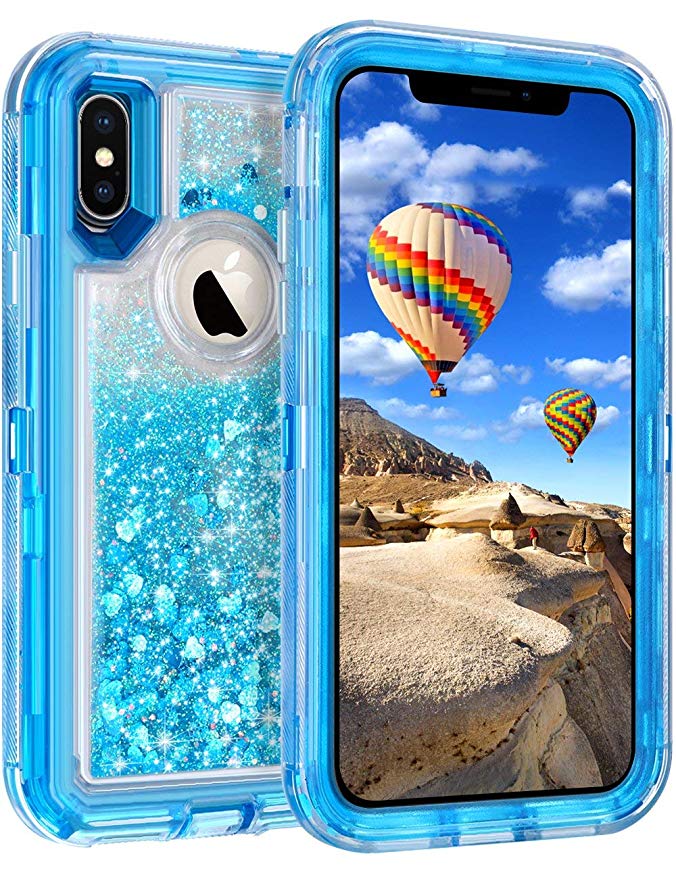 Coolden Case for iPhone X Case Protective Glitter Case for Women Girls Cute Floating Liquid 3D Quicksand Heavy Duty Hard Shell Shockproof TPU Case for iPhone X 10 5.8”, Blue