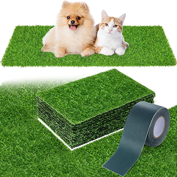 16 x 24 Inch Fake Grass Artificial Grass Mat Fairy Grass Synthetic Garden Artificial Turf Rug for Dogs with Tape for Indoor and Outdoor Use, 12 Pieces