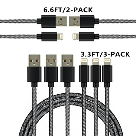 [ 5-Pack ] originAIM High Speed Nylon Braided USB to Lightning Charging Cables (3FT3, 6FT2) (BALCK)