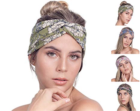 SEGALA 4 pack Women Boho Headband Floral Style Knot Bohemian Hairwrap Flower Printing Twisted Criss Cross Stretchy Hairband