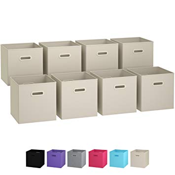 Royexe Set of 8 Foldable Fabric Storage Cubes | Features Dual Plastic Handles | Collapsible Cloth Organizer Baskets Containers | Folding Nursery Closet Drawer Bins (Beige)