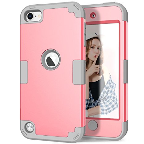 iPod 5 Case, iPod 6 Case, Hocase Sandwich Series Heavy Duty Shockproof Hybrid Hard PC Silicone Rubber Protective Case for iPod touch 5th/6th Generation - Light Pink / Grey