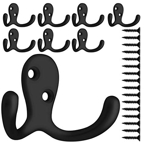 8 Pack Heavy Duty Double Prong Coat Hooks Wall Mounted with 20 Screws Retro Double Robe Hooks Utility Hooks for Coat, Scarf, Bag, Towel, Key, Cap, Cup, Hat (Black)